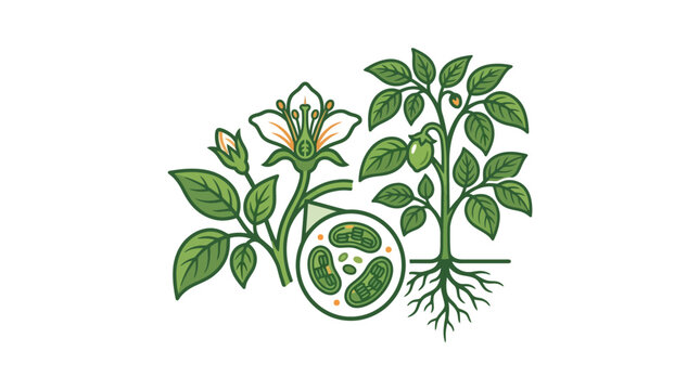 Botanical illustration of potato plant growth cycle with microscopic cell structure.