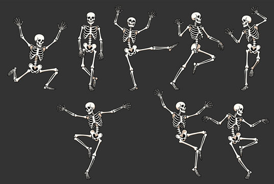 Set of eight funny cartoon skeletons dancing and jumping in different joyful poses against a solid dark grey background.