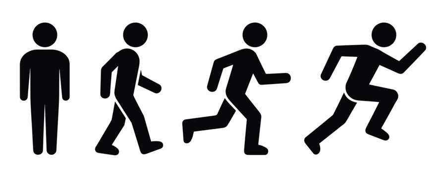 Human Figure Motion Sequence: A sequence of black stick figures illustrating the progression from standing still to walking and then running, depicting human movement.