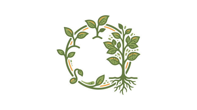 Hand drawn circular frame with plants and tree roots in sketch style.
