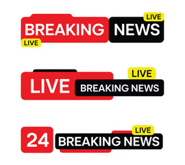 Fototapeta premium Breaking News Live Graphics: Dynamic set of graphics featuring Breaking News and Live text in bold red and black, perfect for news broadcasts and live event coverage.