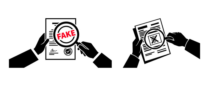 Forgery detection and fraud document analysis under magnifying glass icon set fake agreement identification and biometrics signature validation icon vector