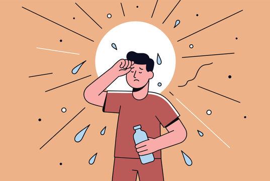 Sufferring sweating young man holding a water bottle during a hot summer day under a strong burning sun illustration.