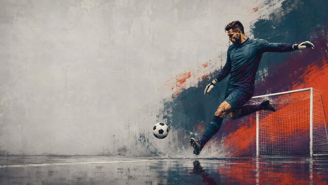sports football goalkeeper launching a fast counterattack drop kick

