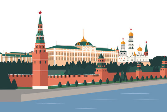 Historical panoramic view of the majestic Moscow Kremlin complex showing famous red towers and golden domes.