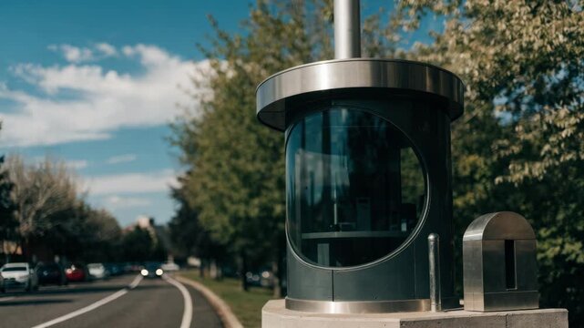 Outdoor singlelane driveup teller with a pneumatic tube dispenser seen in crisp detail the nearby trees and parked cars gently out of focus.