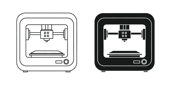 3D Printer outline and solid icon on white background for additive manufacturing concept