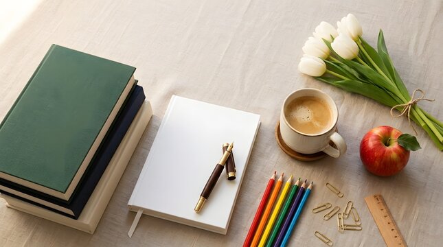 Cozy study desk with books coffee and writing essentials