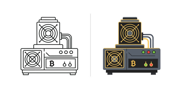 Cryptocurrency mining rig with bitcoin symbol on dark background in flat design style