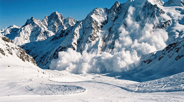 Avalanche descends down the steep snowy slopes of a rugged mountain range.