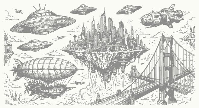 Hand-drawn black and white sci-fi art with UFO saucers, steampunk zeppelins, floating cities, skyscrapers, and suspension bridge line art. Detailed futuristic elements on a white background.