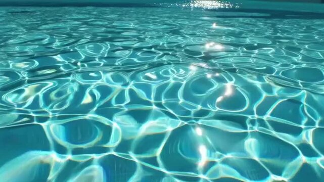 Abstract view of sparkling blue pool water reflecting sunlight, creating intricate patterns and a refreshing, serene aquatic background