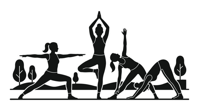 Group of four women silhouettes practicing various yoga poses together.