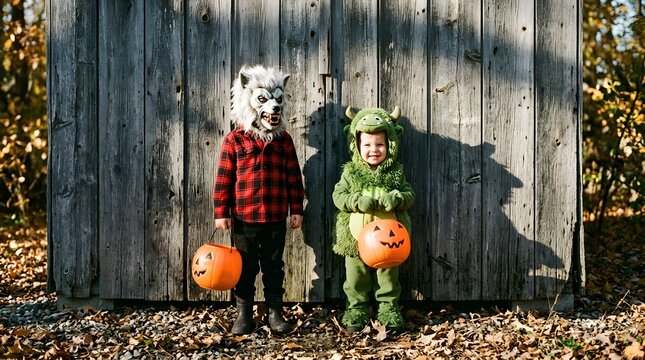 Adorable halloween costumes two young children in wolf and dinosaur outfits with pumpkin buckets