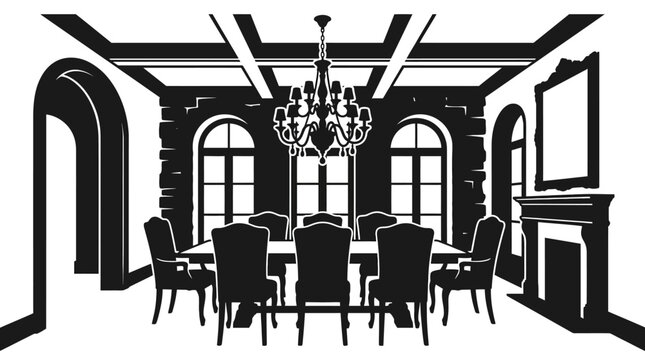 Interior scene with dining table and chairs black silhouette on white background