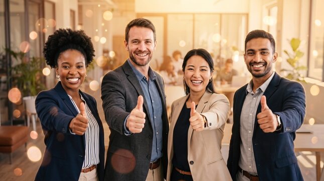 Diverse business team celebrates success with thumbs up in bright modern office during golden hour sunlight.