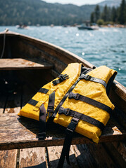 Fototapeta premium Yellow Life Vest on Rustic Wooden Bench Inside Boat Near Lake