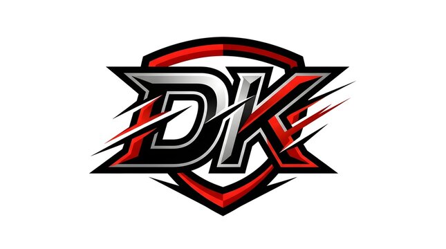 Modern DK monogram shield logo design with dynamic slash effects and metallic style