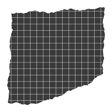 Square torn piece of dark grid paper with rough edges as isolated element