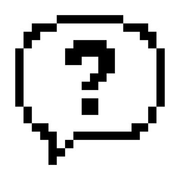 Black and white pixel art speech bubble with question mark isolated as PNG