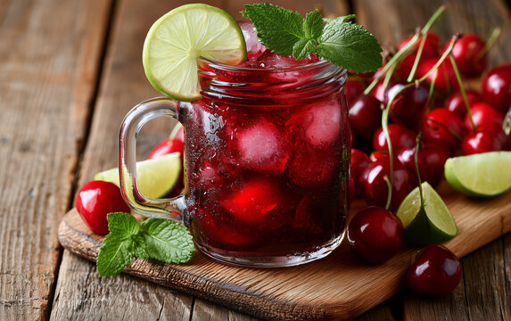 Cherry lime mint ice refreshing drink wooden rustic summer beverage. Cherry lime drink with mint and ice glass wooden table rustic summer beverage