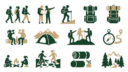 Naklejka premium Friendship Day Silhouette Icons, Friends Hiking and Backpacking Together Vector Sheet, Minimalist Two Color Outdoor Adventure Graphic Asset