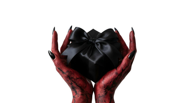 Red devil hands holding black gift box