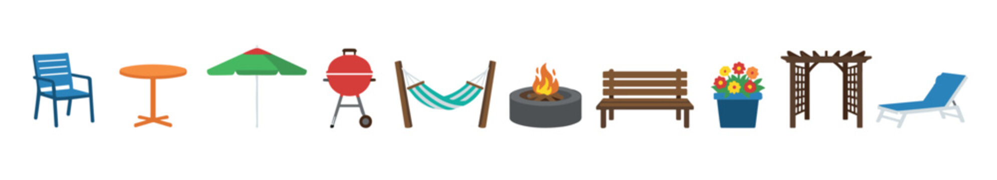 Various outdoor patio garden furniture and accessories including chairs, tables, grills, and fire pits, perfect for backyard leisure and entertaining.