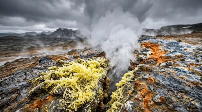 Geothermal vent releases thick steam over vibrant yellow sulfur deposits.