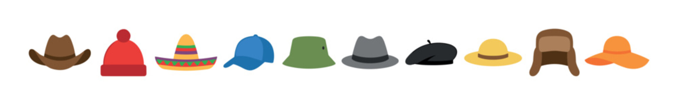 Diverse collection of hats and headwear styles, including cowboy, beanie, sombrero, and fedora, are presented in a vibrant flat vector illustration.
