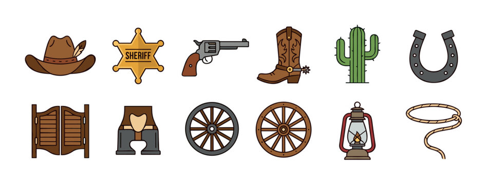 Wild West icons collection features traditional cowboy elements including hat, badge, revolver, boot, cactus, horseshoe, saloon doors, chaps, wagon wheel, lantern, and rope.