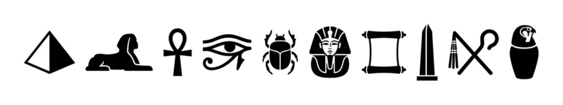 Ancient Egyptian symbols and artifacts form a captivating horizontal row of black silhouettes, representing a rich historical culture.