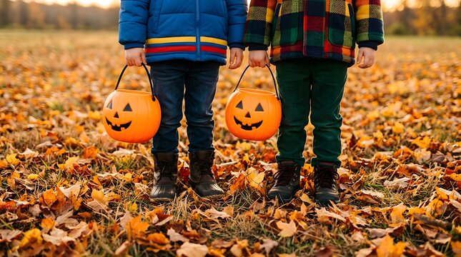 Charming halloween scene two young children trick or treating with jack o' lantern buckets in autumn leaves