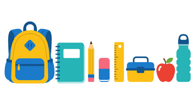 Bright blue backpack holds school essentials. Red apple adds freshness to the scene. Colorful crayons and pencils suggest creativity. Calculator, ruler, and scissors imply learning tools