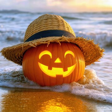 A cheerful carved pumpkin wearing a straw hat sits in the surf at the beach, as gentle ocean waves lap against it beneath the warm glow of the sunset