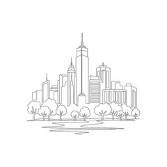 Obraz premium Continuous single line drawing of modern city skyline with park and trees.