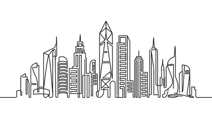 Fototapeta premium Continuous single line drawing of modern city skyline with skyscrapers.