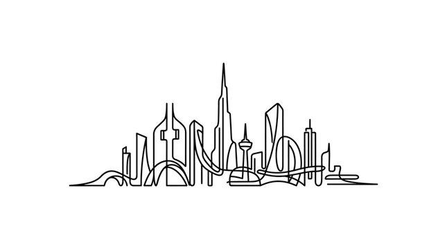 Continuous single line drawing of Dubai city skyline.