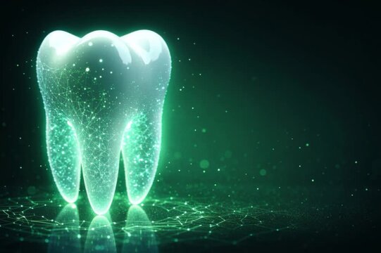 Dental dentistry hologram tooth AI digital technology innovation clinic future concept for oral care branding. Smart visual for diagnostics, treatment planning, medtech ads and next gen marketing use.