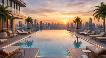Fototapeta premium Luxury rooftop infinity pool with panoramic city skyline
