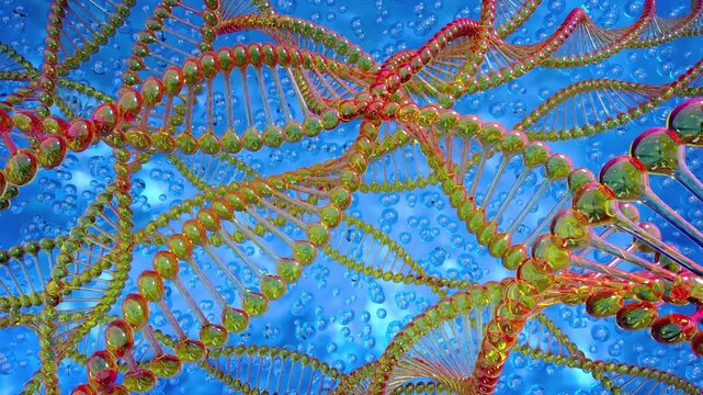 Background of spinning glossy DNA spirals with green and red hues. 3d animation on blue background with bubbles