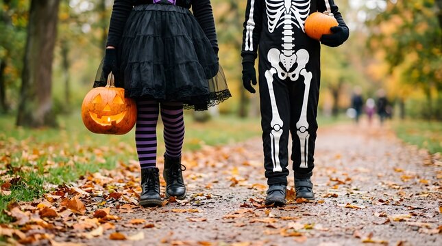 Charming halloween scene kids trick or treating with pumpkin baskets on autumn path