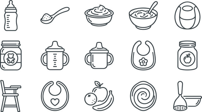 Baby Feeding and Nutrition Thin Line Icon Set Featuring Bottles Food Jars Porridge Bowls Bibs High Chairs and Healthy Fruits for Vector Design