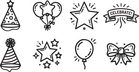Celebration party icons set with confetti and balloons © Torikul