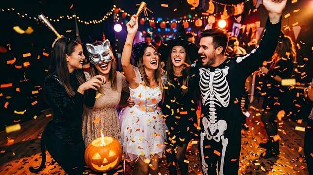 Festive halloween party friends in costume celebrating with confetti and jack o' lanterns for a spooky night