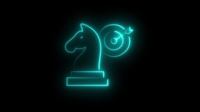 Chess knight strategy neon sign showing tactical icon next to a goal target. Digital business asset representing problem solving, leadership, market positioning, and successful execution.