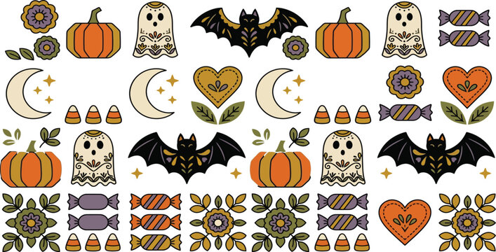 Decorative halloween grid pattern with ornate pumpkins ghosts and bats halloween spiderweb crescent decorative seamless celebration background wallpaper wrapping seasonal illustration
