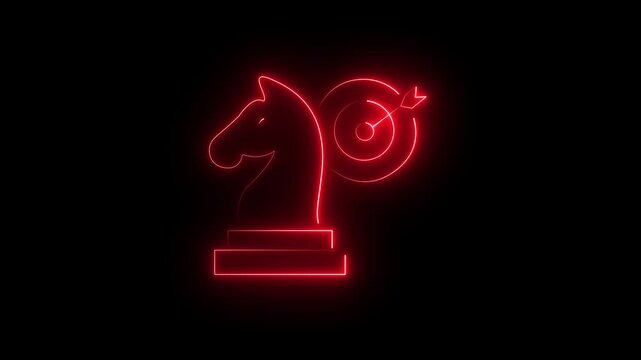 Chess knight strategy neon sign showing tactical icon next to a goal target. Digital business asset representing problem solving, leadership, market positioning, and successful execution.