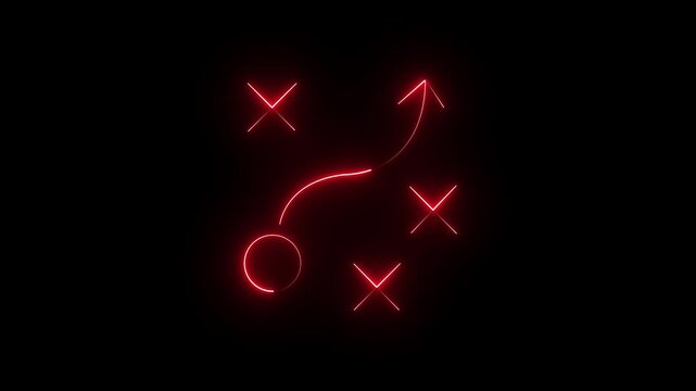 Business strategy neon icon showing a tactical game plan with a curved arrow and cross marks. Glowing planning workflow chart for corporate project management and strategic success..
