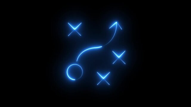 Business strategy neon icon showing a tactical game plan with a curved arrow and cross marks. Glowing planning workflow chart for corporate project management and strategic success..